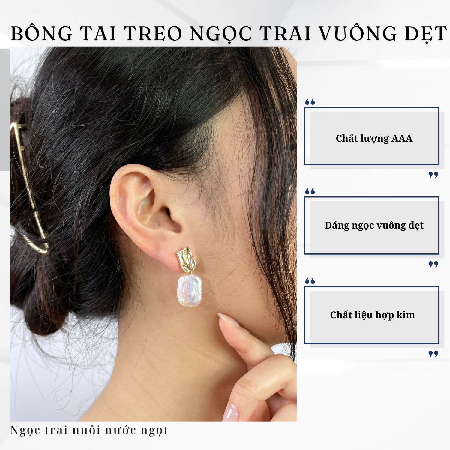 Alternative view of Bông Tai Ngọc Trai Dáng Treo Ngọc Vuông Dẹt