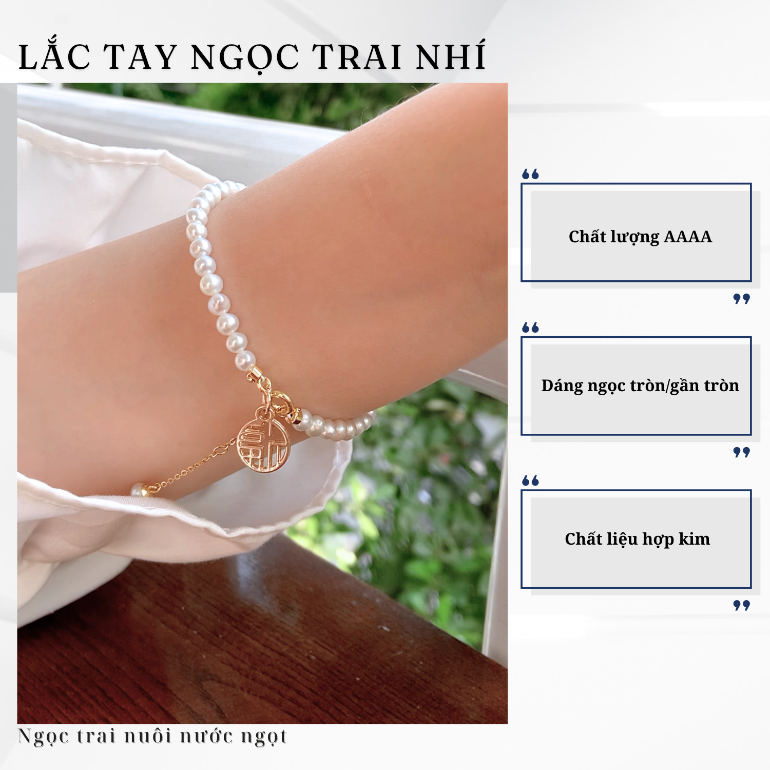 Alternative view of Vòng Tay Ngọc Trai Nhí Gần Tròn 4mm Cao Cấp Phối Mặt Xu Vàng